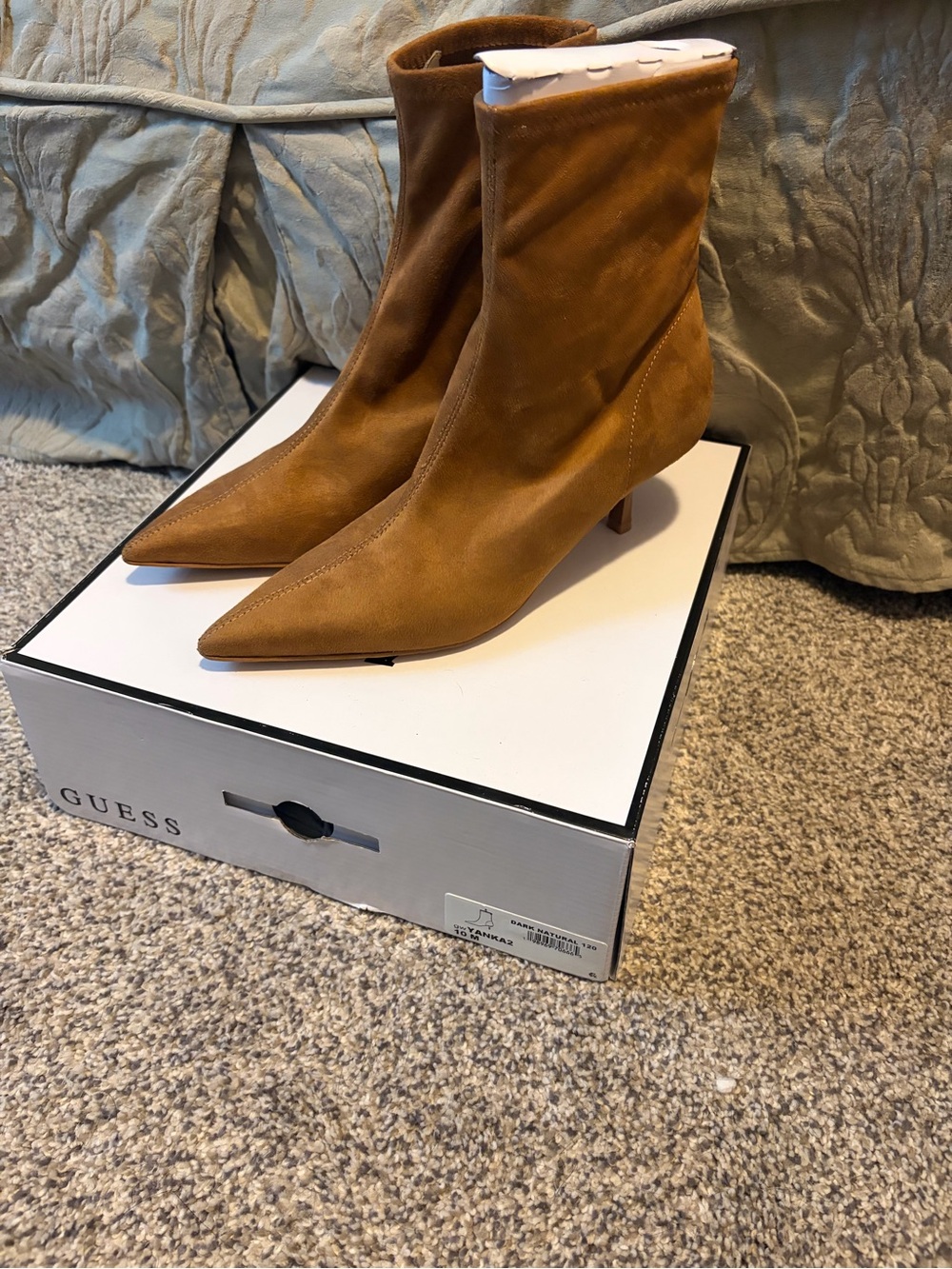 GUESS Tan Pointed-Toe Mid-Calf Suede Heeled Boots - size 9